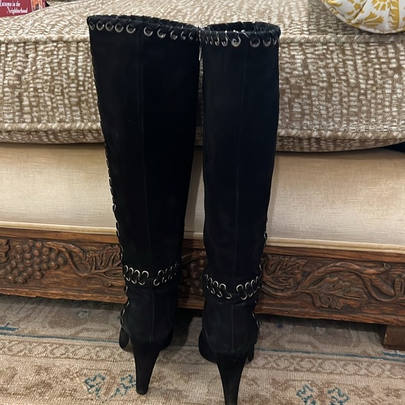 Prada Black Suede Knee High Boots with Brass Rivets - Picture 4 of 13